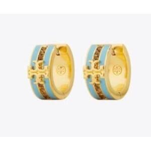 NEW Tory Burch Kira Blue Gold Huggie Earrings Logo Small Hoop Colorful